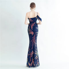 One-Shoulder Ostrich Feather Beaded Maxi Dress