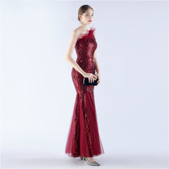 Ostrich Feather Sequined One-Shoulder Maxi Dress