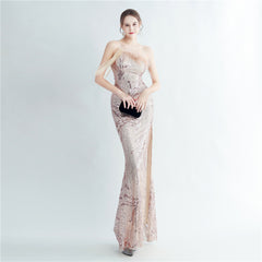 One-Shoulder Ostrich Feather Beaded Maxi Dress