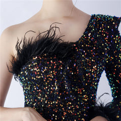 One-Shoulder Ostrich Feather Sequin Maxi Dress