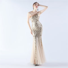 Ostrich Feather Sequined One-Shoulder Maxi Dress