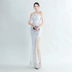 One-Shoulder Ostrich Feather Beaded Maxi Dress
