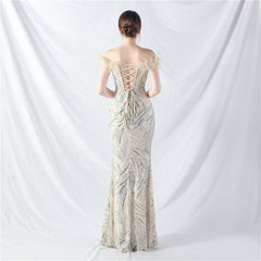 Off-Shoulder Backless Sequined Lace-Up Maxi Dress