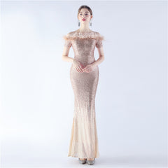 Off-Shoulder Ostrich Feather Sequin Maxi Dress