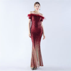 Off-Shoulder Ostrich Feather Sequin Maxi Dress