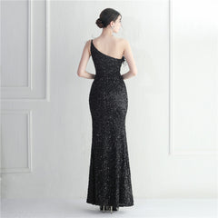 Ostrich Feather One-Shoulder Sequined Maxi Dress