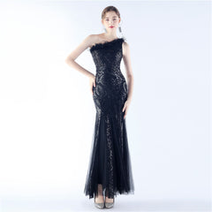 Ostrich Feather Sequined One-Shoulder Maxi Dress