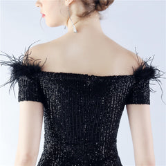 Off-Shoulder Ostrich Feather Sequin Maxi Dress