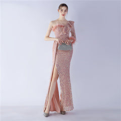 One-Shoulder Ostrich Feather Sequin Maxi Dress