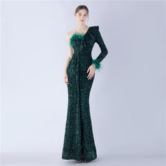 One-Shoulder Ostrich Feather Sequin Maxi Dress