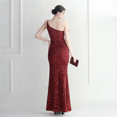 Ostrich Feather One-Shoulder Sequined Maxi Dress