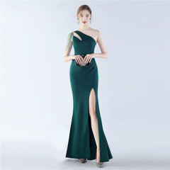 Beaded One-Shoulder Diagonal Collar Maxi Dress