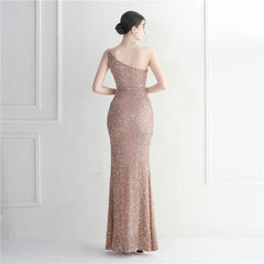 Ostrich Feather One-Shoulder Sequined Maxi Dress