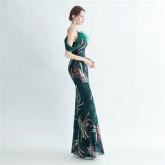 One-Shoulder Ostrich Feather Beaded Maxi Dress
