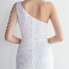 One-Shoulder Sequined Beaded Fishtail Maxi Dress