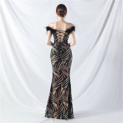 Off-Shoulder Backless Sequined Lace-Up Maxi Dress