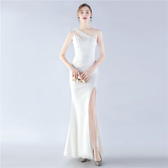 Beaded One-Shoulder Diagonal Collar Maxi Dress