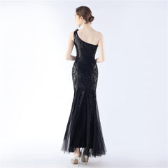 Ostrich Feather Sequined One-Shoulder Maxi Dress