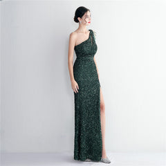 One-Shoulder Sequined Beaded Fishtail Maxi Dress