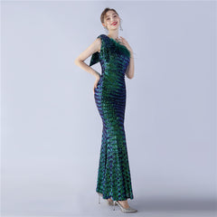 Sequined One-Shoulder Ostrich-Feather Maxi Dress