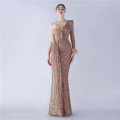 One-Shoulder Ostrich Feather Sequin Maxi Dress