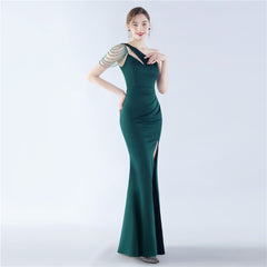 Beaded One-Shoulder Diagonal Collar Maxi Dress