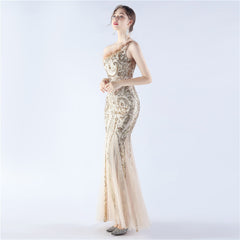 Ostrich Feather Sequined One-Shoulder Maxi Dress