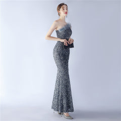Ostrich Feather One-Shoulder Sequined Maxi Dress