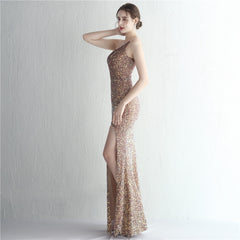 One-Shoulder Sequined Fishtail Split Maxi Dress