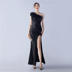 Sequined One-Shoulder Ostrich-Feather Maxi Dress