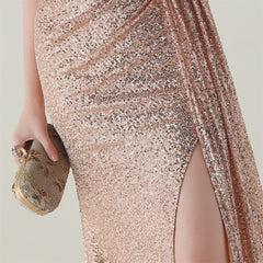 One-Shoulder Sequined Beaded Fishtail Maxi Dress