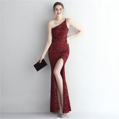 One-Shoulder Sequined Fishtail Split Maxi Dress