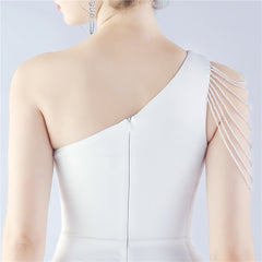 Beaded One-Shoulder Diagonal Collar Maxi Dress