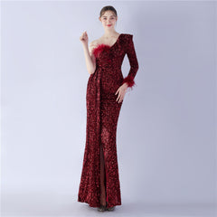 One-Shoulder Ostrich Feather Sequin Maxi Dress
