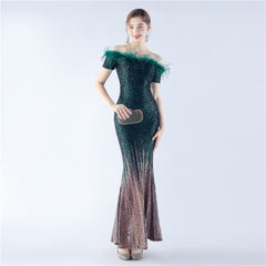 Off-Shoulder Ostrich Feather Sequin Maxi Dress
