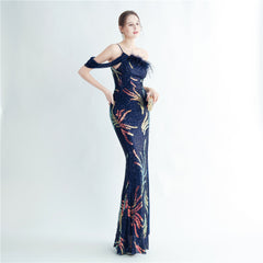 One-Shoulder Ostrich Feather Beaded Maxi Dress