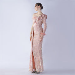 One-Shoulder Ostrich Feather Sequin Maxi Dress