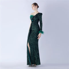 One-Shoulder Ostrich Feather Sequin Maxi Dress