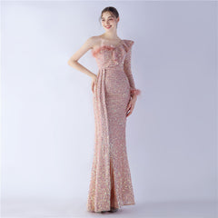 One-Shoulder Ostrich Feather Sequin Maxi Dress