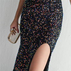 One-Shoulder Sequined Beaded Fishtail Maxi Dress