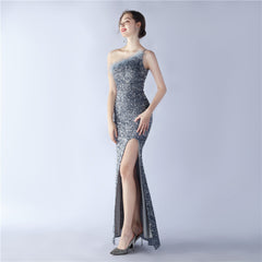 Ostrich Feather One-Shoulder Sequined Maxi Dress