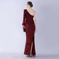 One-Shoulder Ostrich Feather Sequin Maxi Dress