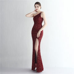 One-Shoulder Sequined Fishtail Split Maxi Dress