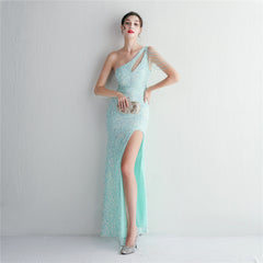 One-Shoulder Sequined Beaded Fishtail Maxi Dress