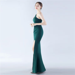 Beaded One-Shoulder Diagonal Collar Maxi Dress