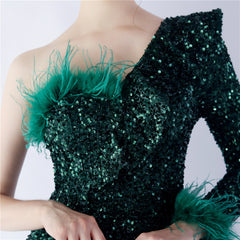 One-Shoulder Ostrich Feather Sequin Maxi Dress