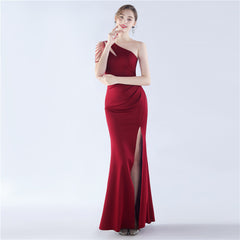 Beaded One-Shoulder Diagonal Collar Maxi Dress