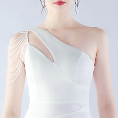 Beaded One-Shoulder Diagonal Collar Maxi Dress