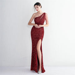 One-Shoulder Sequined Beaded Fishtail Maxi Dress