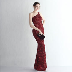 One-Shoulder Sequined Fishtail Split Maxi Dress